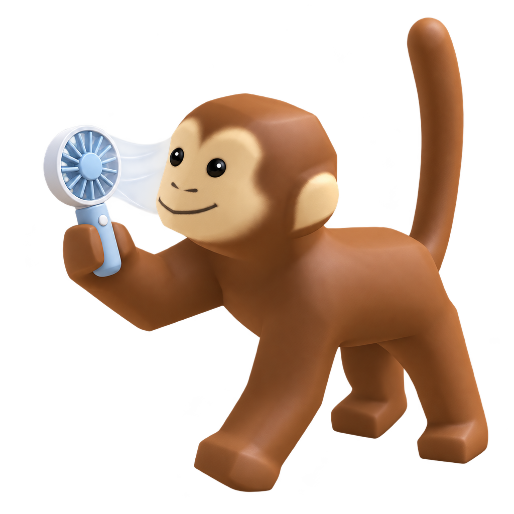 Foggy Monke holding a small handheld fan, blowing a stream of mist at his own face