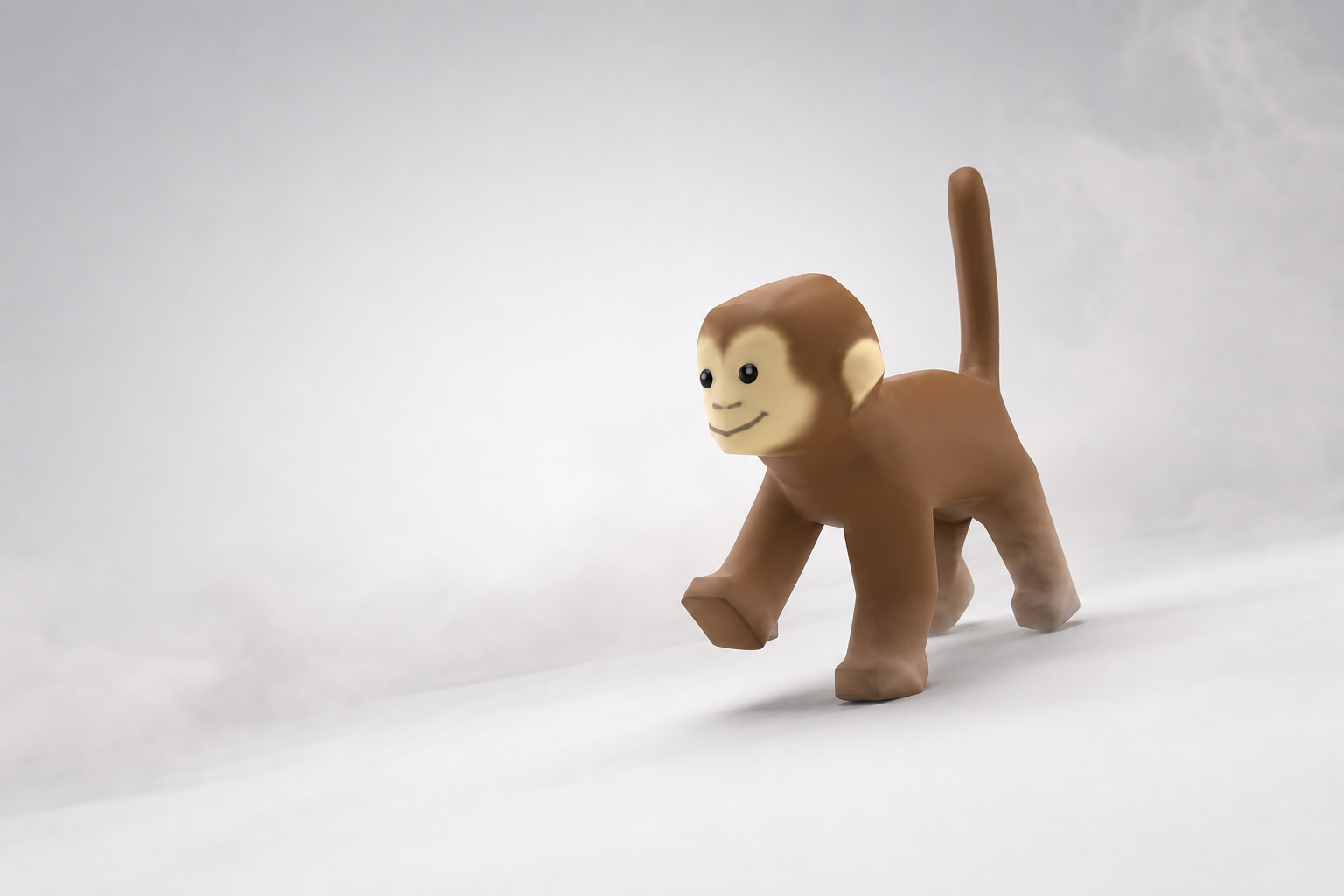 Foggy Monke walking through a hazy blocky forest with scattered flowers